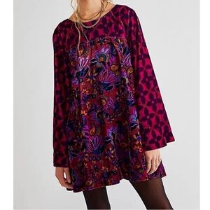 Free People Mary Mod Velvet Mini Dress Boho Retro Print Hippie Bell Sleeve Sz XS